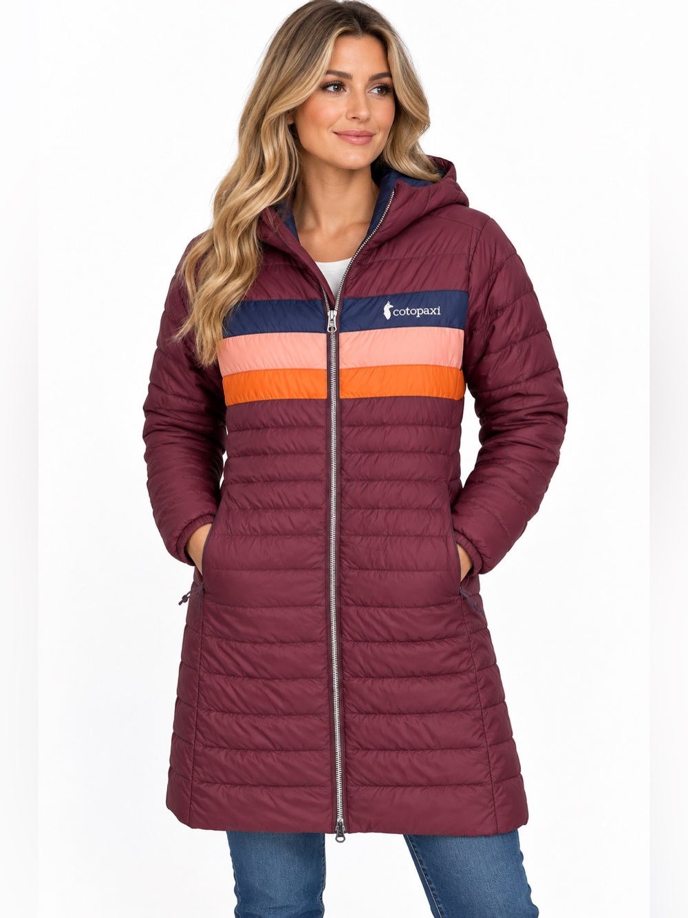 cotopaxi Maroon Hooded Long Down Puffer Coat